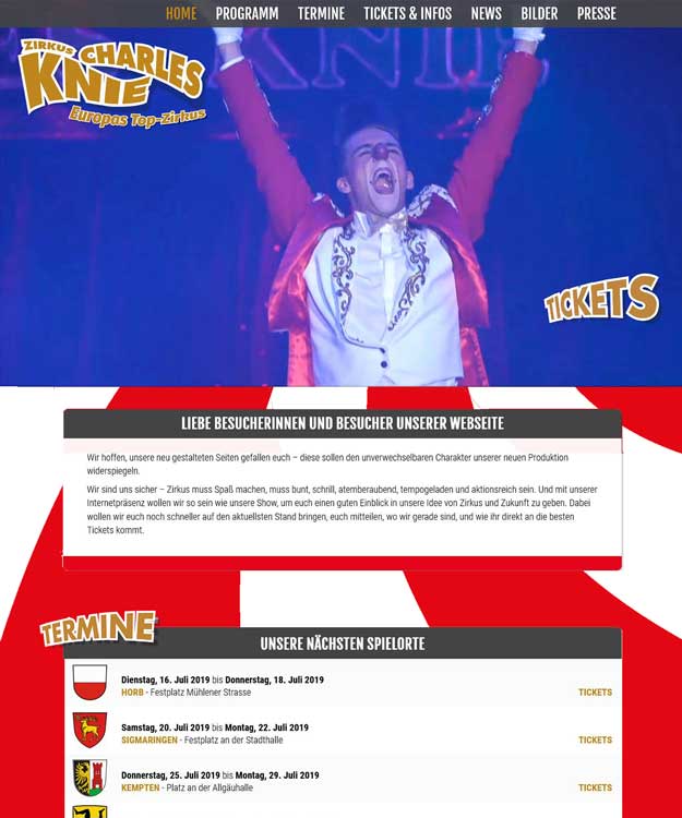 Werbeagentur - Webdesign Zirkus Charles Knie Homepage